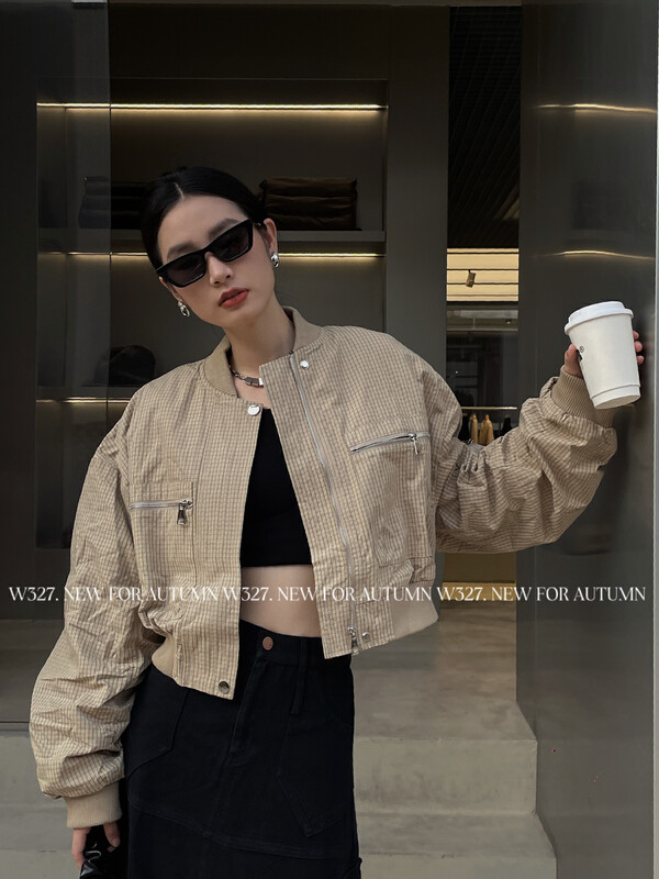 [W327.] Korean Customized plaid zipper design cotton sandwich bomber jacket 93220 # CQW