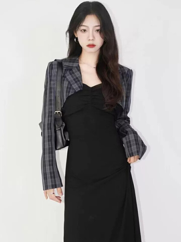 Autumn is new! [L.L STUDIO] short plaid suit jacket + suspenders waist dress suit 78091# PCZ
