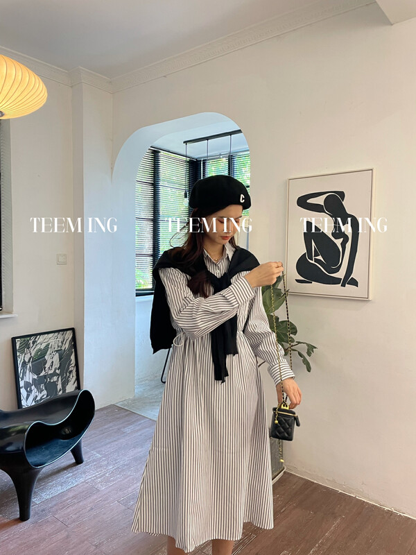 New in autumn!【TEEM ING】Korean version of plaid lapel shirt dress (with shawl) 22T810# HJY