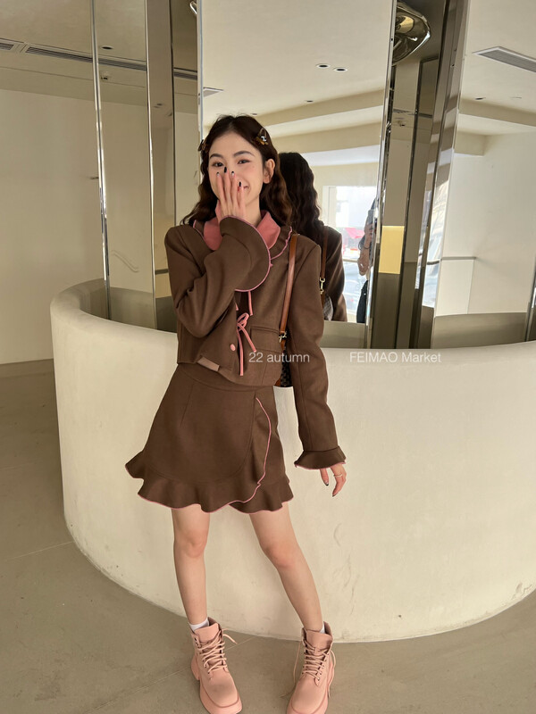 【FEI MAO】Fashion preppy hot girls show thin short jacket and skirt two-piece suit Z-8645# CQW