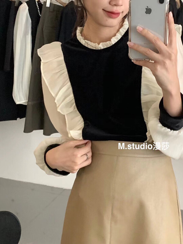 Autumn is new! [MSTUDIO Mansha] velvet stitching round neck shirt t393# HBX