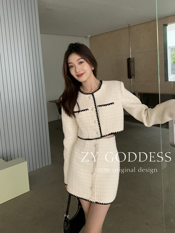 [ZY] French temperament round neck small fragrance short coat high waist and thin breasted skirt suit 18226