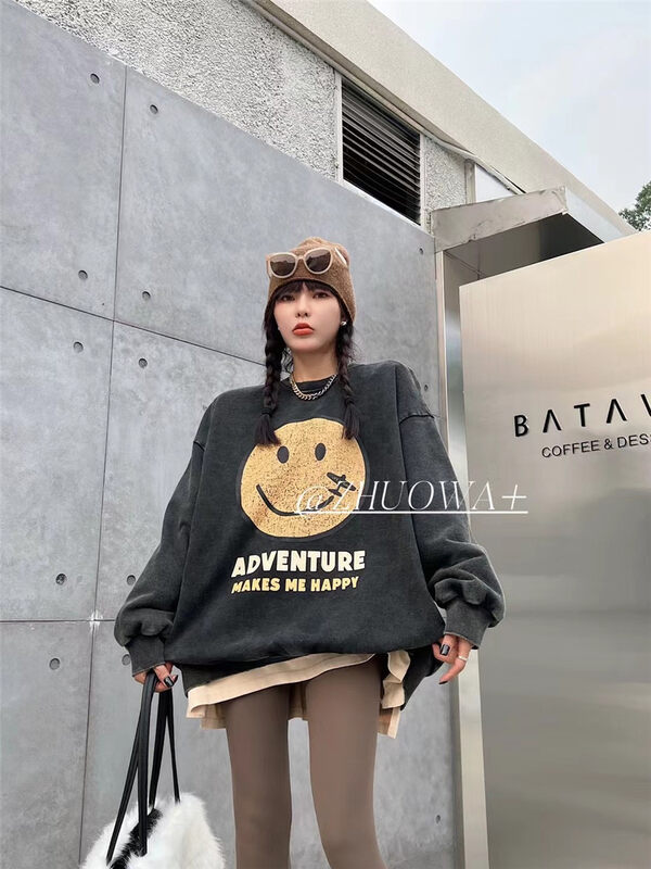 New in winter! [Strictly selected by buyers - Zhuowa] Smiley Loose Versatile Lazy Sweater 5712# CL