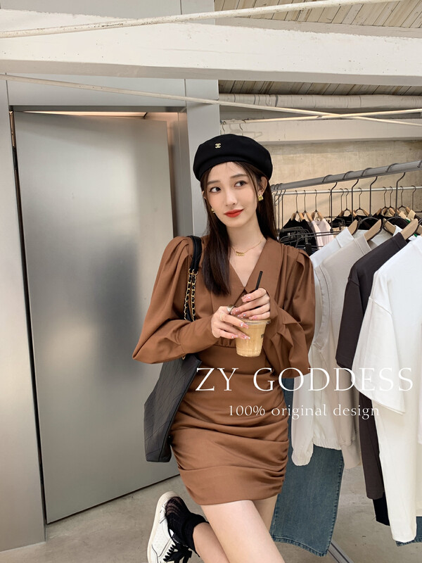 [ZY] Old port style retro little woman large lapel pleated dress 18091