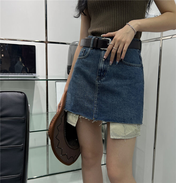 New in autumn!【T-PLATFORM】Korean fake two-piece stitching slim denim skirt (with belt) V8869# CQW