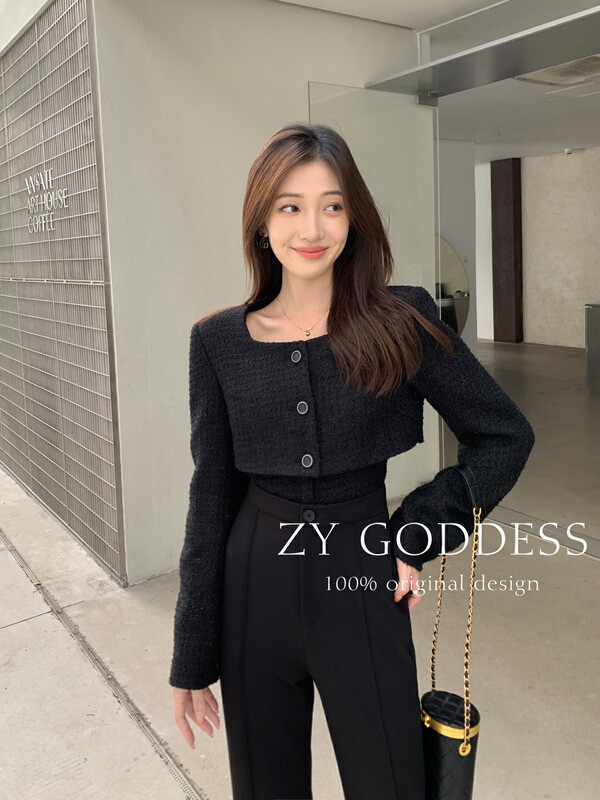 [ZY] French style small fragrant style square collar short woven jacket with thin sling suit 18225