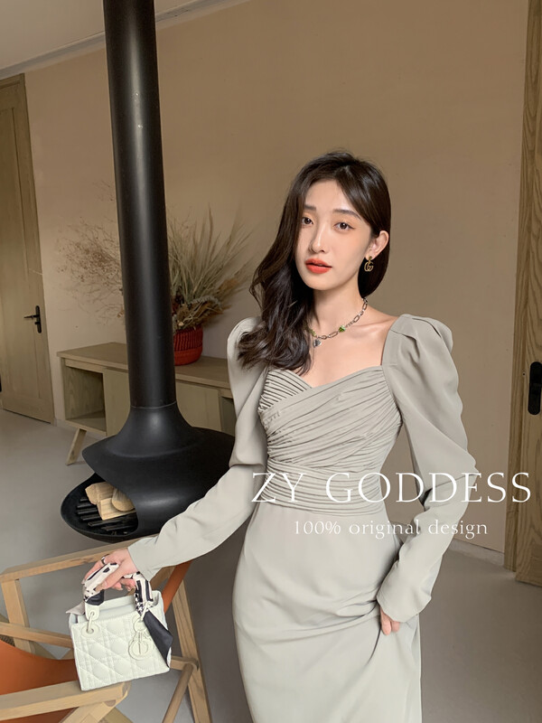 Original price 146.51! [ZY] Design pleated elegant high-end slim puff sleeve dress 18051# JHY