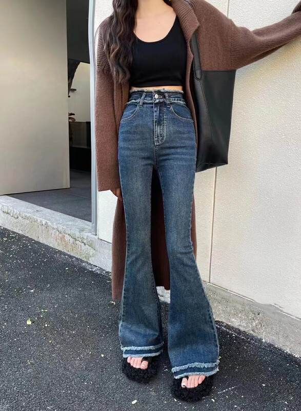 New autumn and winter! [Yan Zhen] Double-layer raw edge high-waist flared jeans 75322# PCZ