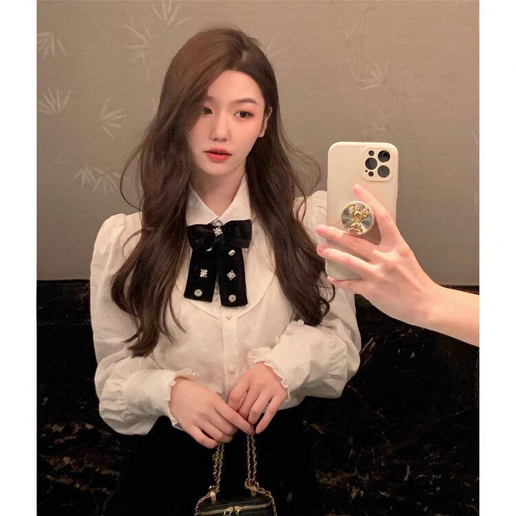 New in autumn! [LINNA] solid color texture thin shirt (with detachable bow) L804# JJ