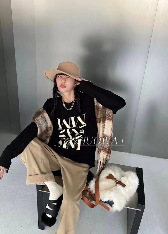 [Strictly selected by buyers - Zhuowa] Simple letter loose large version long-sleeved T-shirt 2722# CL