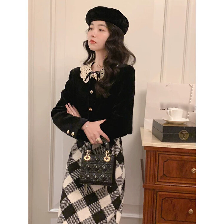 【L.L STUDIO】Slim-fit fringed skirt with retro plaid 78134# PCZ
