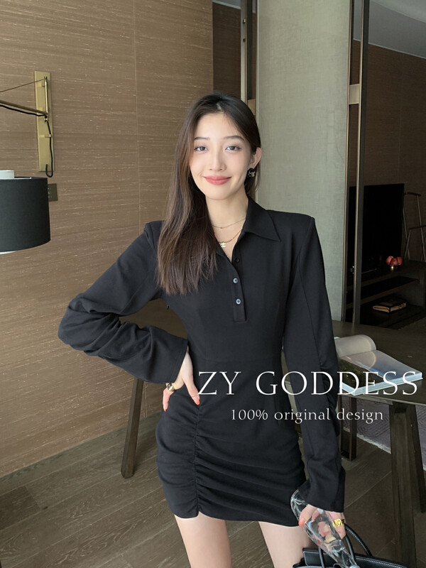 [ZY] Shirt collar is thin and pleated irregularly thin sweater dress ((soft and elastic air cotton)) 18199# JHY