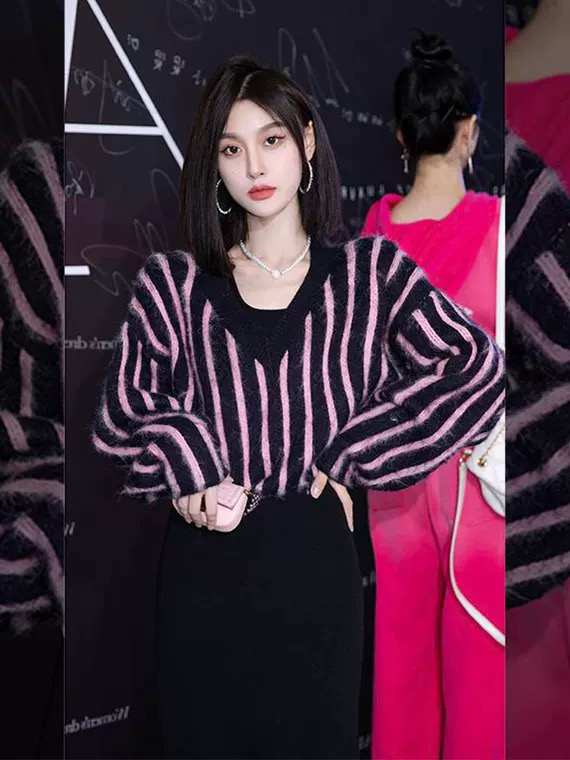 New in autumn!【L.L STUDIO】Lazy wind pink and black striped knitted sweater + vest knitted dress suit 78111# PCZ