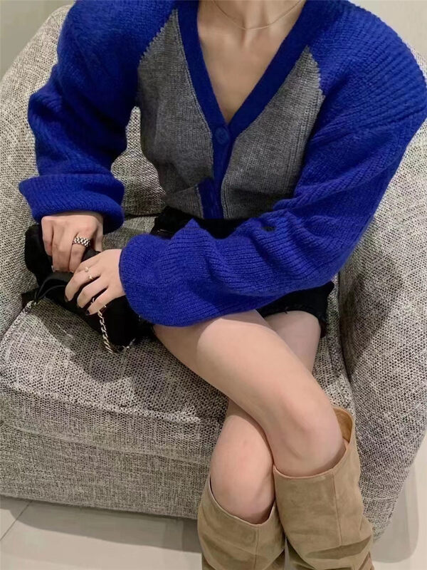 New in autumn! [Yan Zhen] Puff sleeve colorblock V-neck knitted cardigan 7502# PCZ