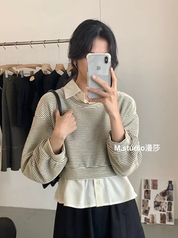【MSTUDIO Mansha】All-match fake two-piece casual shirt y6987# HBX