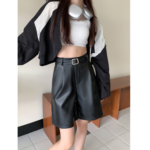Real shot  autumn and winter black high waist PU leather pants women's shorts new loose and thin all-match wide-leg pants