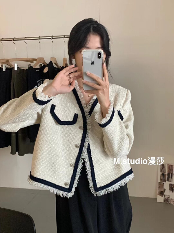 [MSTUDIO Mansha] Denim Contrast Color Small Fragrant Short Jacket t390# HBX