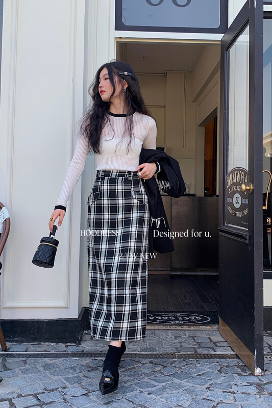 New in autumn! [Fire HOODRESS] temperament plaid slit high waist straight skirt 22404# JHY