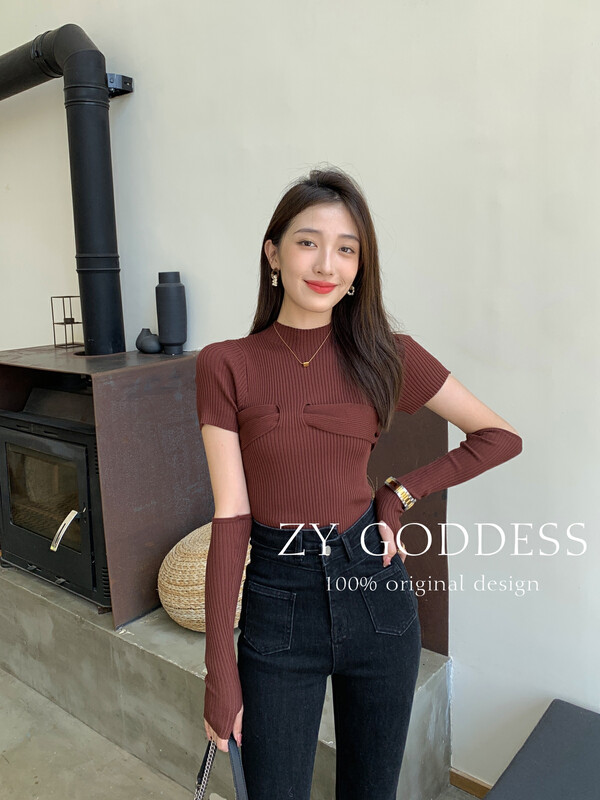 Original price 77.83! [ZY] Ice Silk Curly Beads Half Turtleneck Short Sleeve Sleeve Two-Piece Hot Girl Knit Sweater (Two-Piece Set With Sleeves) H935
