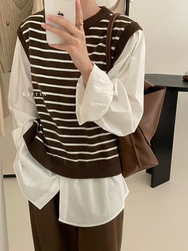 【KITTIN】Korean Stripe Fake Two Piece Knit Sweater 1506# FHX