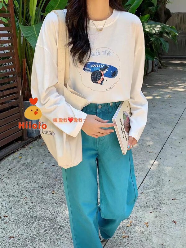 New in autumn!  [HIIOIO] ins style Oreo printed round neck casual long-sleeved T-shirt 30302-25# LSL