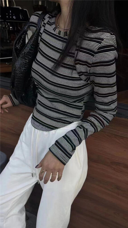 New in autumn! [Yan Zhen] custom striped hem arc irregular long-sleeved T-shirt 36636# PCZ