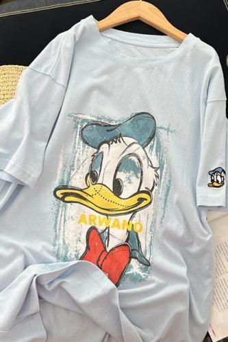 Pandawork loose, stylish, super comfortable, brushed, thickened, velvet, Donald Duck print, short-sleeved T-shirt, king fried