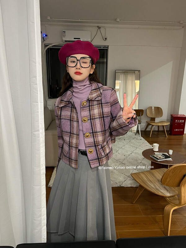 [FEI MAO] Retro trend all-match casual plaid design coat short coat Z-8612