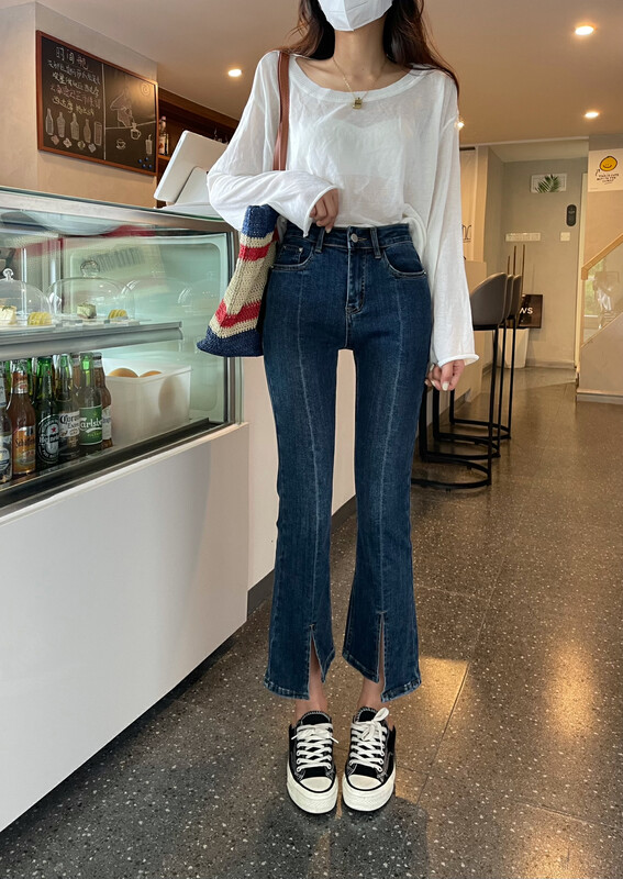 Autumn is new! [Enxier] Thin and versatile elastic split flared jeans K3103# FHX