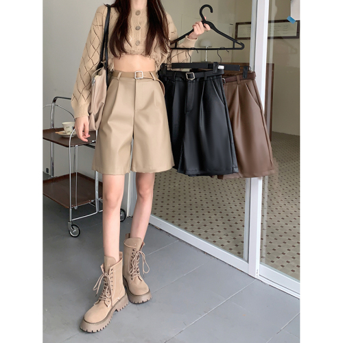 Real shot  autumn and winter black high waist PU leather pants women's shorts new loose and thin all-match wide-leg pants