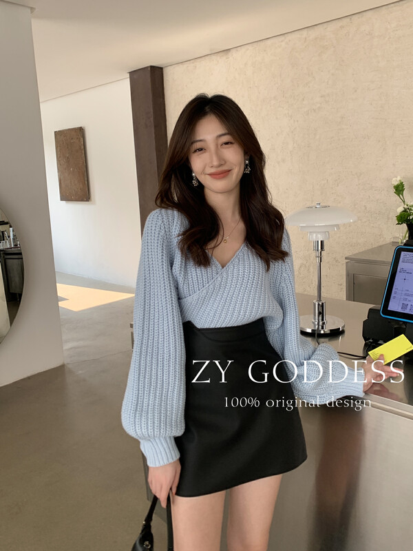 [ZY] Pure desire temperament V-neck lantern sleeve knitted sweater Z05-1