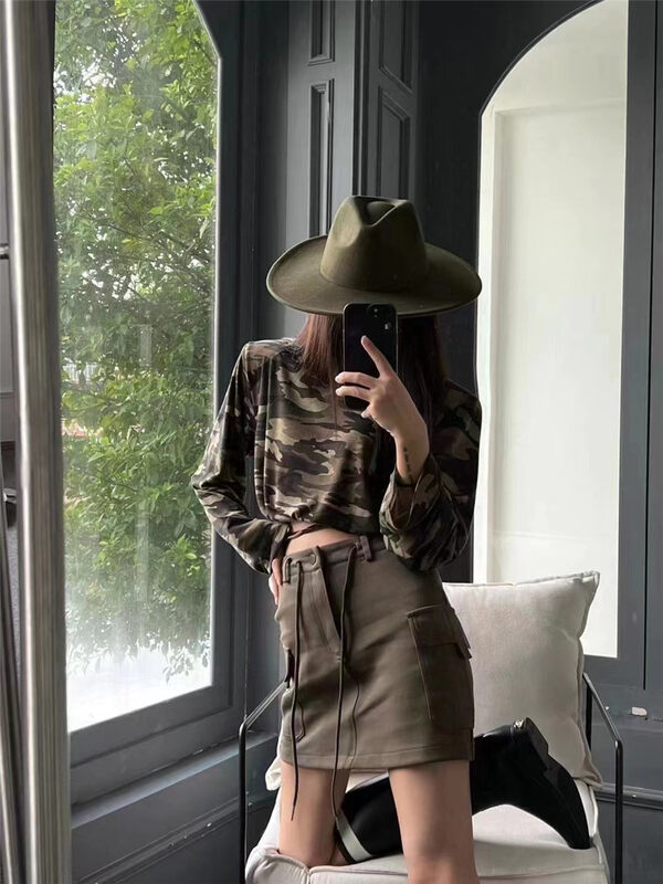 New in autumn! [Yan Zhen] Camouflage scheming backless strappy long-sleeved T-shirt 56221# PCZ