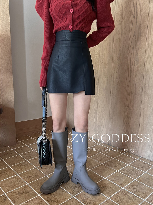 [ZY] Frosted Silk Fog PU Leather High Waist Design Irregular Skirt (Advanced Custom Series) 28089