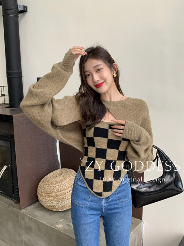 [ZY] Checkerboard Beveled Sling Retro Pullover Shawl Two-piece Set (20 Wool) Z01