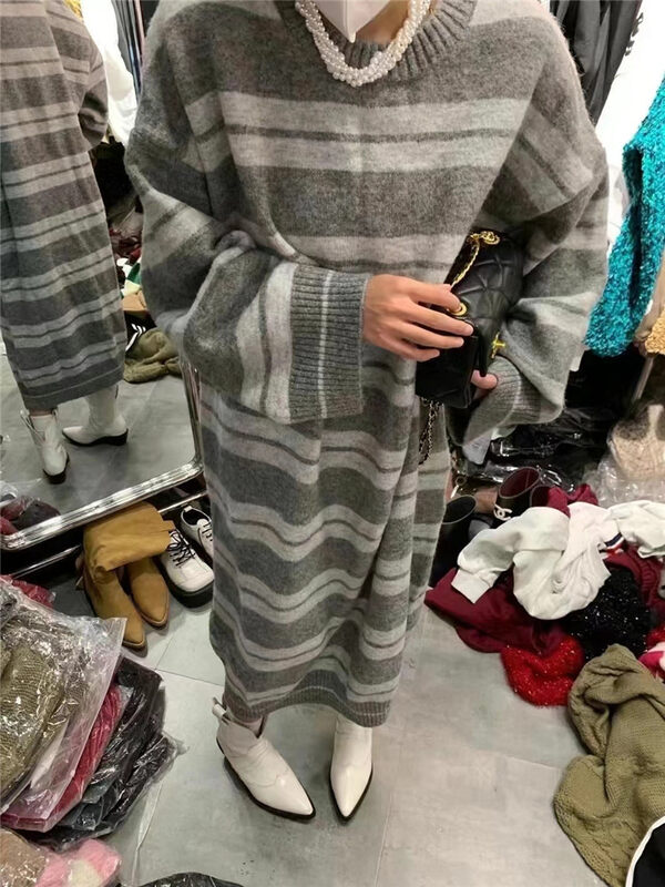 New in autumn! [Yan Zhen] Lazy style striped loose long sweater dress 87221# PCZ
