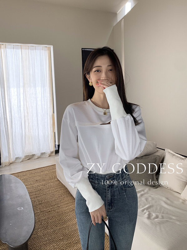 Original price 77.83! [ZY] Korean round neck drop shoulder short hollow long-sleeved sweater sweater 18159# JHY