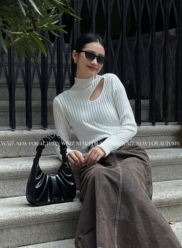 【W327.】Korean style hollowed-out high-stretch semi-high-neck knitted sweater 868# CQW