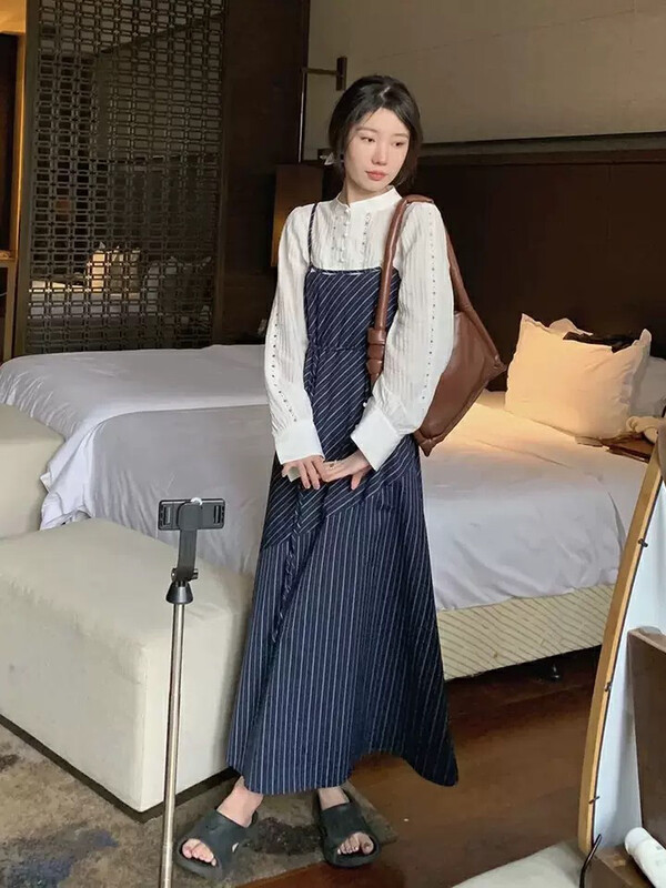 Autumn is new!【L.L STUDIO】Fashion shirt + striped mid-length dress two-piece suit (with waist rope) 78125# PCZ