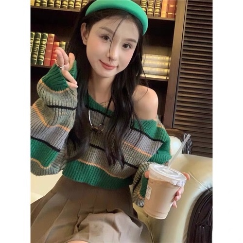 Korean retro green striped sweater women's autumn 2022 new style lazy loose short cropped navel pullover top