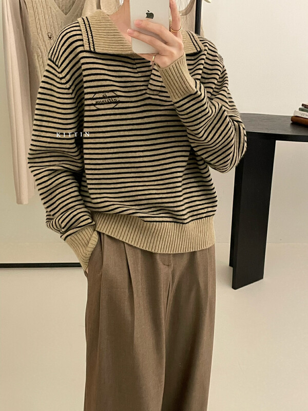 【KITTIN】Korean Lapel Striped Embroidered Sweater 1516