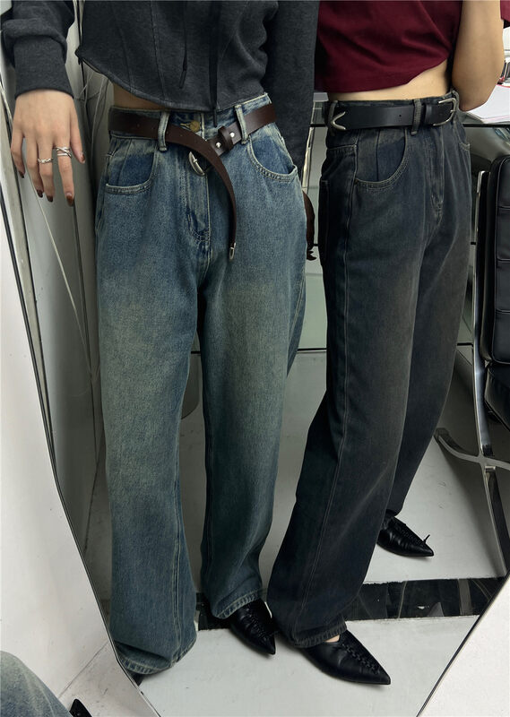New in autumn!【T-PLATFORM】Korean style distressed retro straight jeans (with belt) V1138-11Q# CQW