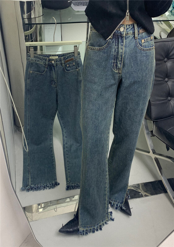New Autumn!【T-PLATFORM】Korean Straight Casual Raw Edge Jeans V8655# CQW