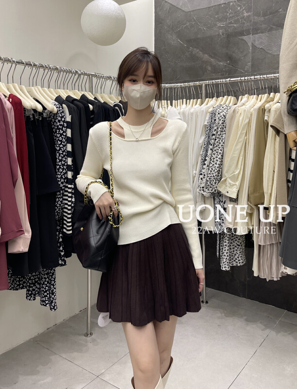 New in autumn! [UONE] fake two-piece carefully machined hollow knitted sweater 17130# LSL