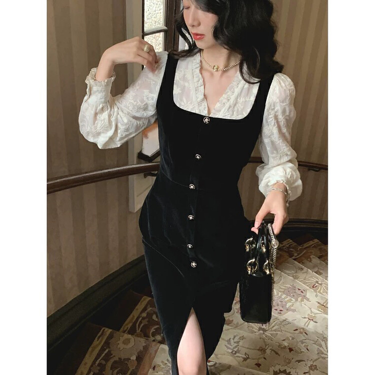 Autumn is new! [L.L STUDIO] French retro embroidery stitching velvet waist dress 78095# PCZ