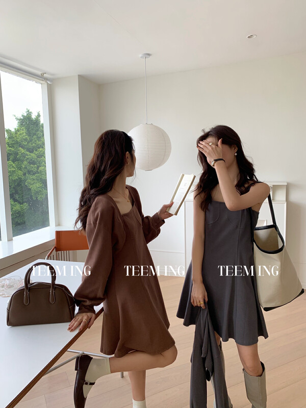 New in autumn!【TEEM ING】Slim and comfortable suspender dress + all-match knitted cardigan suit 22T883# HJY
