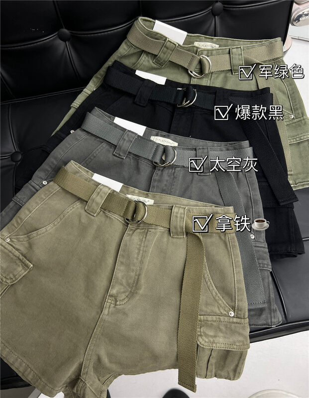 New in autumn! Popular series [T-PLATFORM] solid color tooling design casual denim shorts (with belt) V8835# CQW
