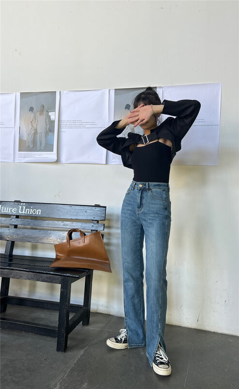 New in early autumn!【T-PLATFORM】Korean straight slit jeans 6162# CQW