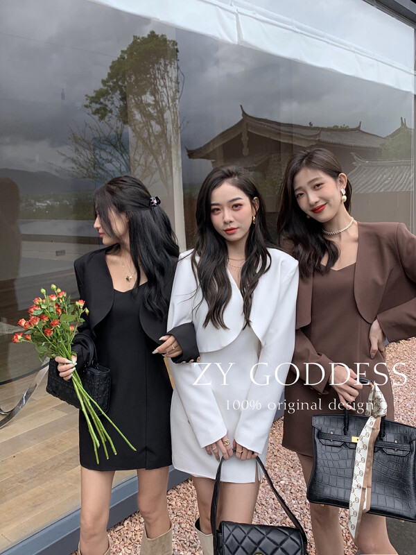 [ZY] Short suit shawl slit suit suspender skirt two-piece suit 18007