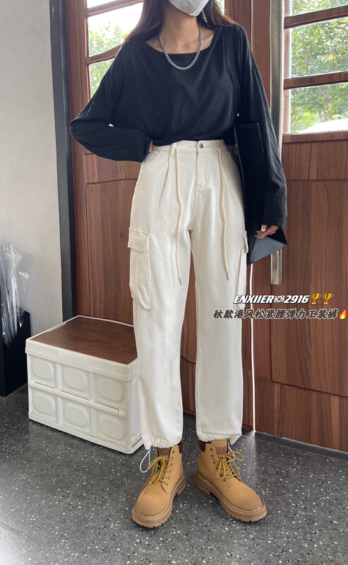 Original price 78.96! New in autumn! [En Xier] Personalized Tooling Pocket Elastic Waist Jeans EB2916# FHX