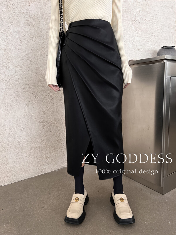 [ZY] Korean high-waisted slim folded slits irregular leather skirt and skirt ((Lambskin PU leather)) 28136# JHY